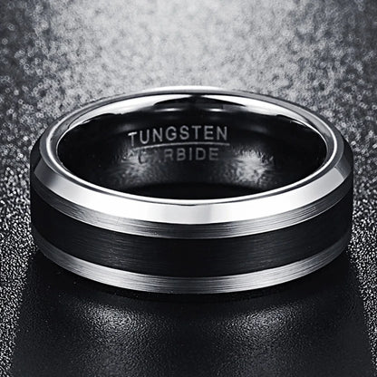 8mm Brushed Tungsten Ring – Black Center with Beveled Edges