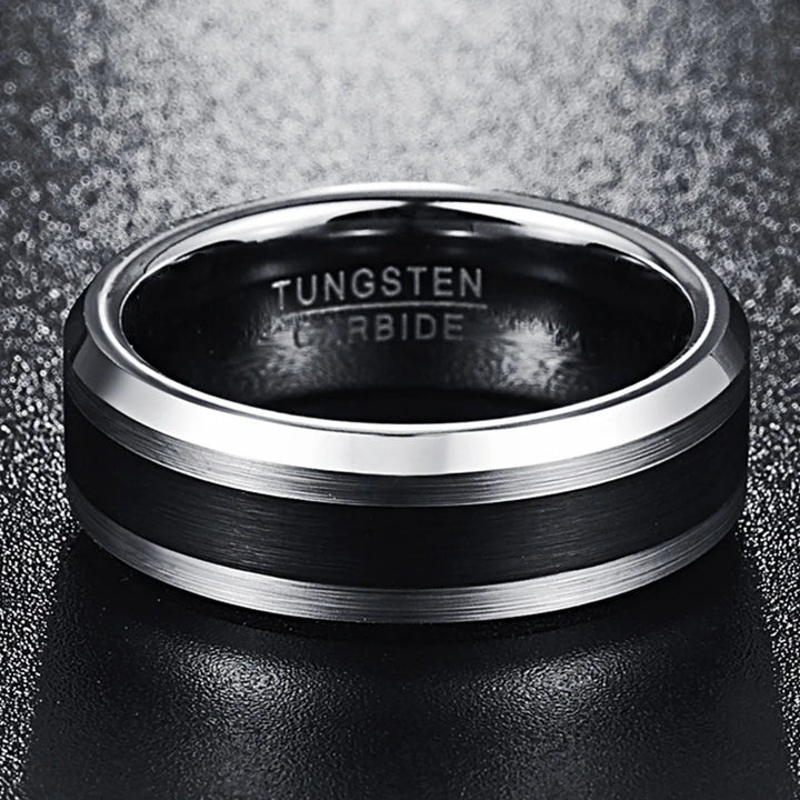 8mm Brushed Tungsten Ring – Black Center with Beveled Edges