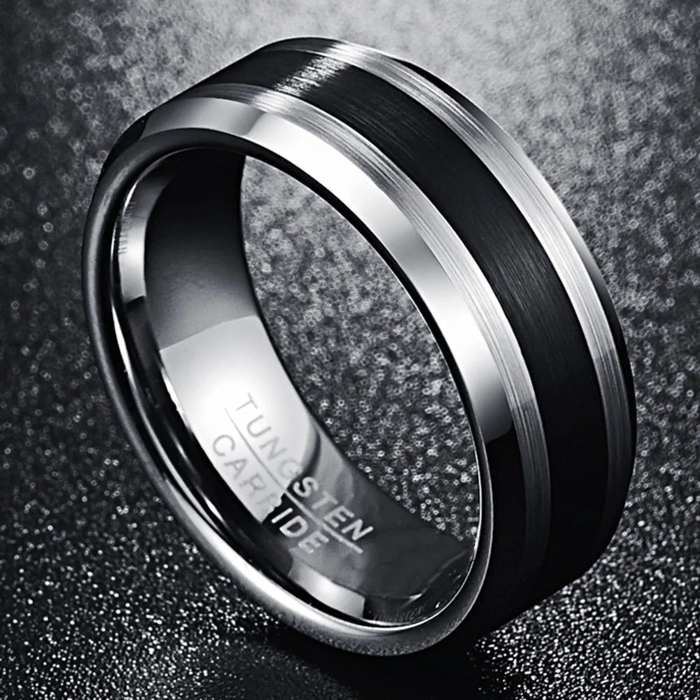 8mm Brushed Tungsten Ring – Black Center with Beveled Edges