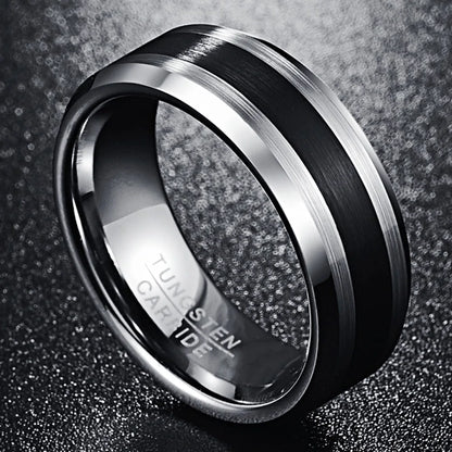 8mm Brushed Tungsten Ring – Black Center with Beveled Edges