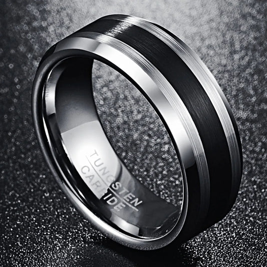 8mm Brushed Tungsten Ring – Black Center with Beveled Edges