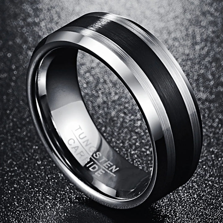 8mm Brushed Tungsten Ring – Black Center with Beveled Edges