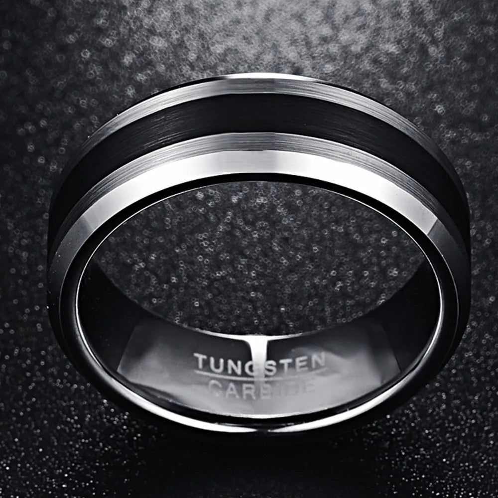 8mm Brushed Tungsten Ring – Black Center with Beveled Edges