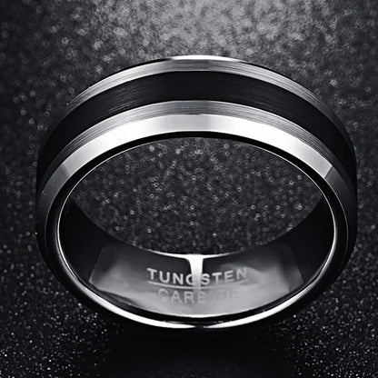 8mm Brushed Tungsten Ring – Black Center with Beveled Edges
