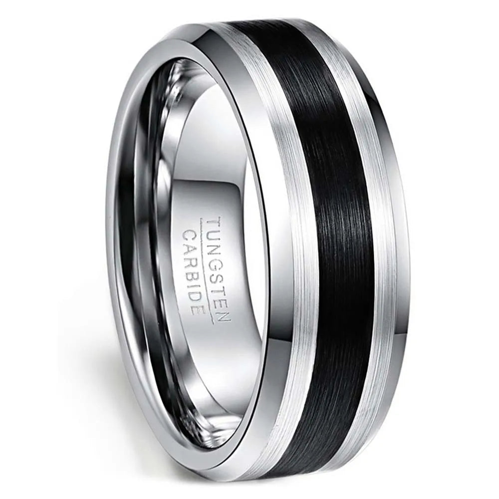 8mm Brushed Tungsten Ring – Black Center with Beveled Edges
