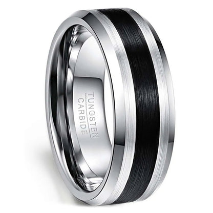 8mm Brushed Tungsten Ring – Black Center with Beveled Edges