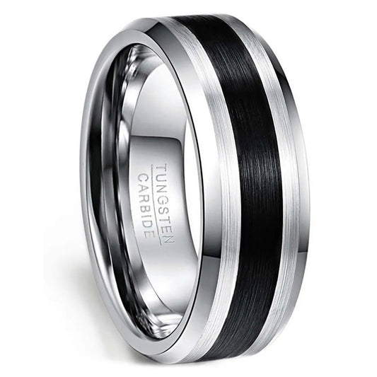 8mm Brushed Tungsten Ring – Black Center with Beveled Edges