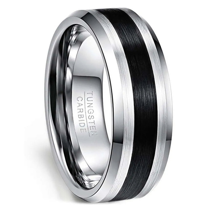 8mm Brushed Tungsten Ring – Black Center with Beveled Edges