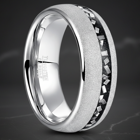 8mm Brushed Tungsten Ring – Matte Meteorite & Sand Inlay - RealTungsten