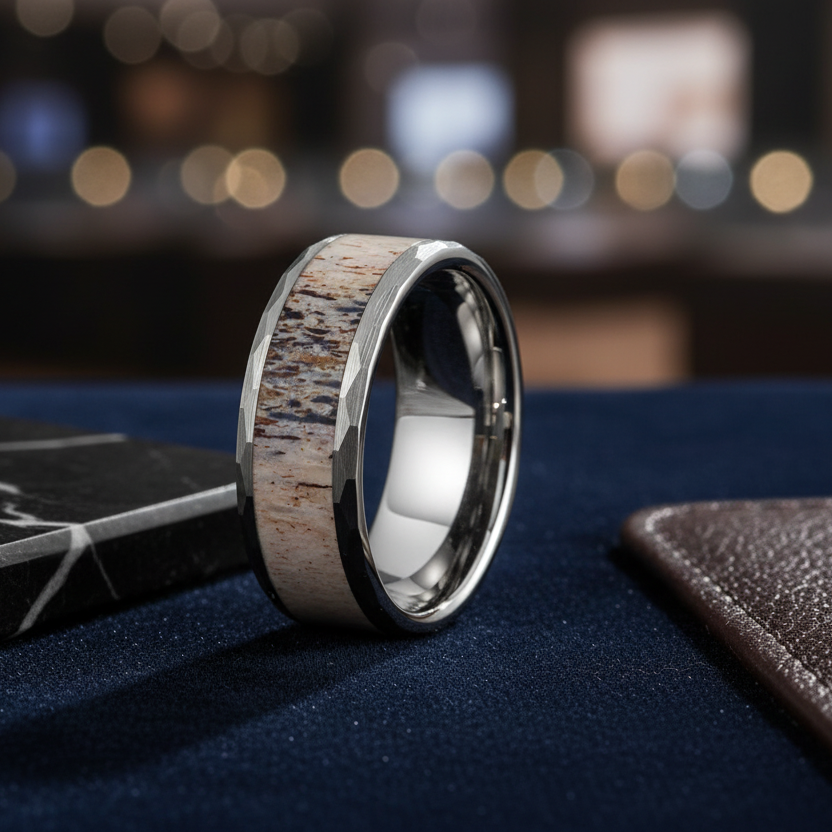 8mm_Deer_Antler_Tungsten_Ring_Hammered_Wedding_Band