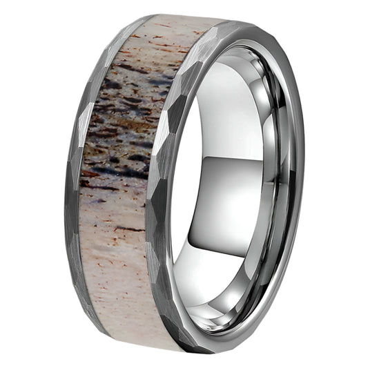 8mm Deer Antler Tungsten Ring – Hammered Wedding Band