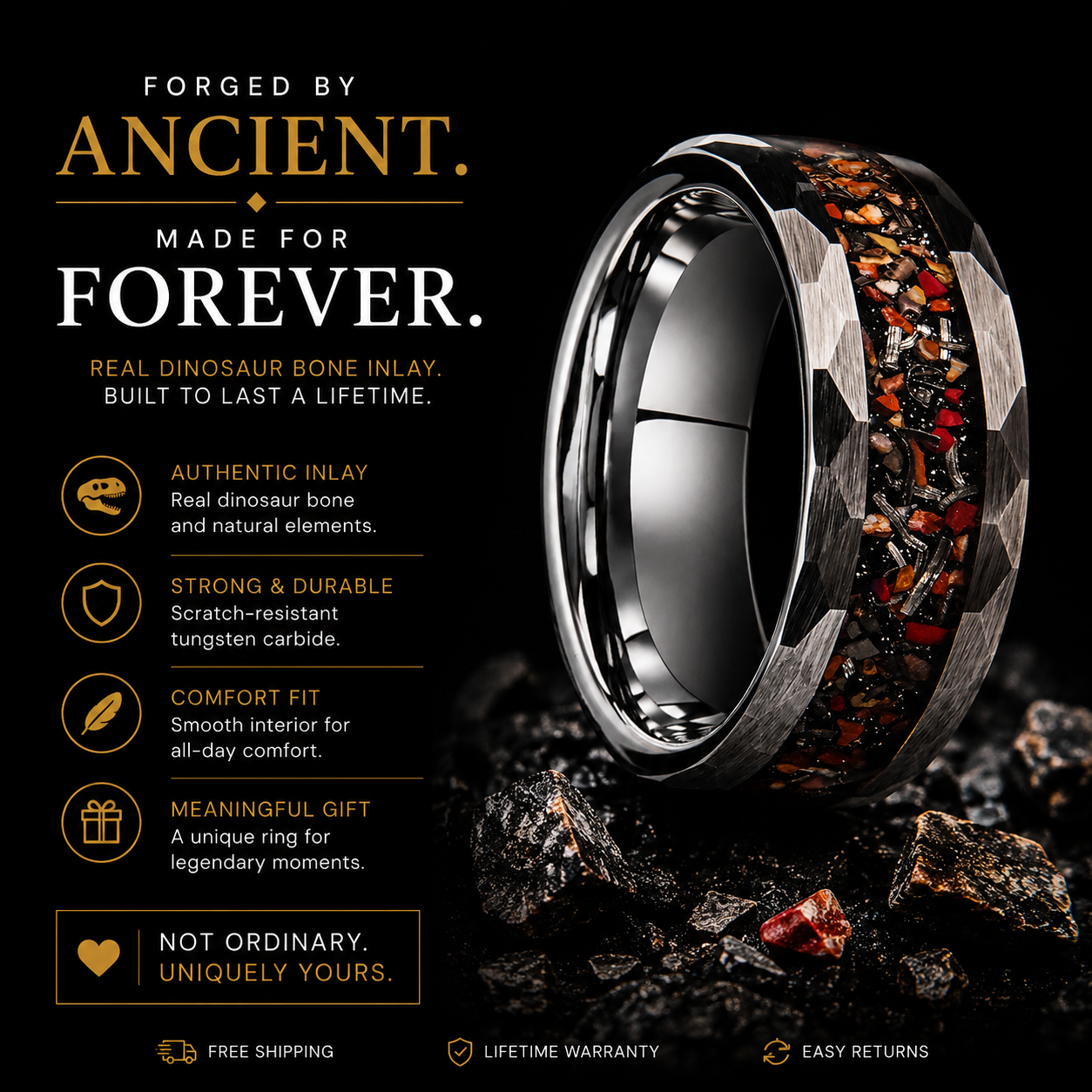 8mm Dinosaur Bone Tungsten Ring