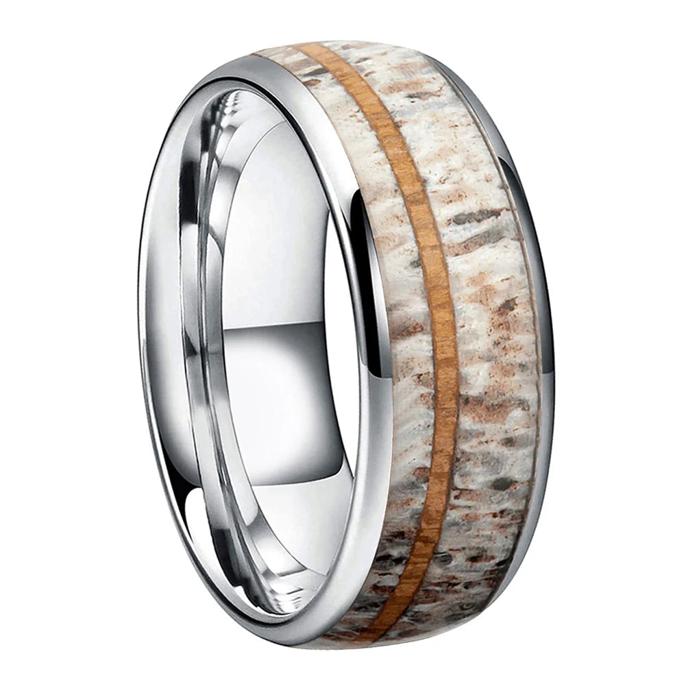 8mm Domed Tungsten Ring with Real Deer Antler Wood