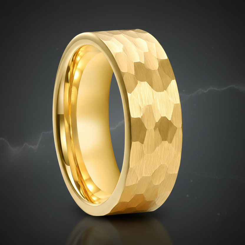 8mm Faceted Tungsten Ring – Brushed Hammered Finish