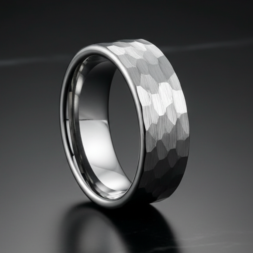 8mm Faceted Tungsten Ring – Brushed Hammered Finish
