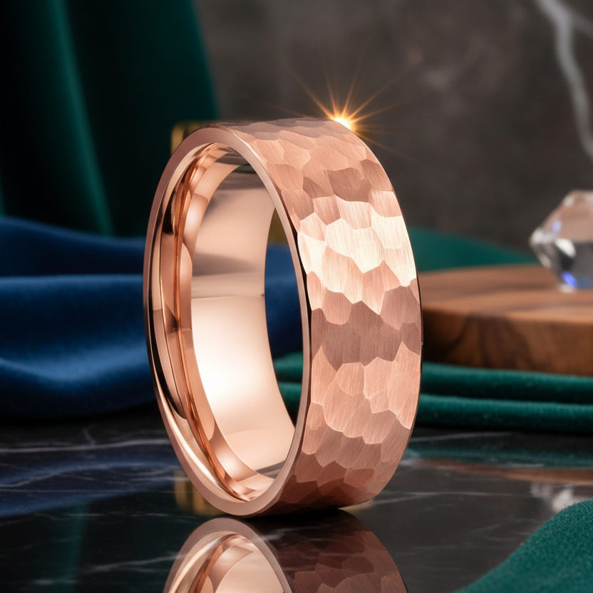 8mm Faceted Tungsten Ring – Brushed Hammered Finish