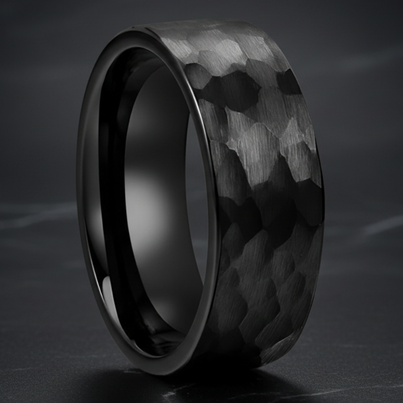 8mm Faceted Tungsten Ring – Brushed Hammered Finish