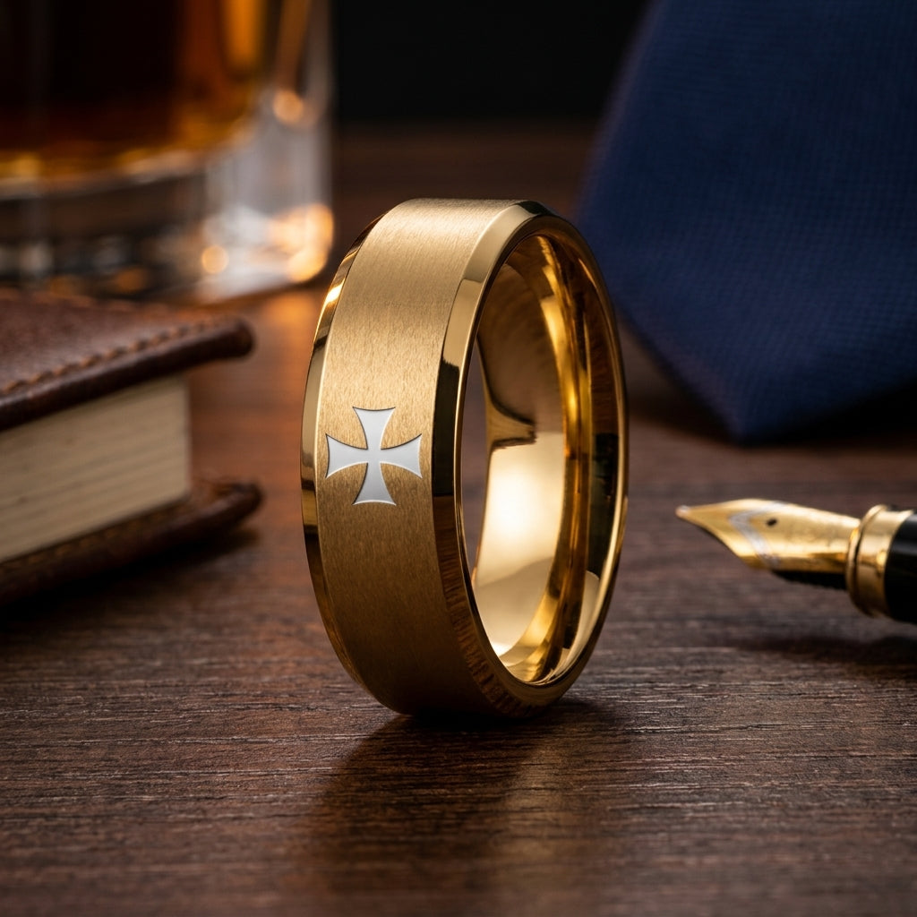 Gold Tungsten Cross Ring