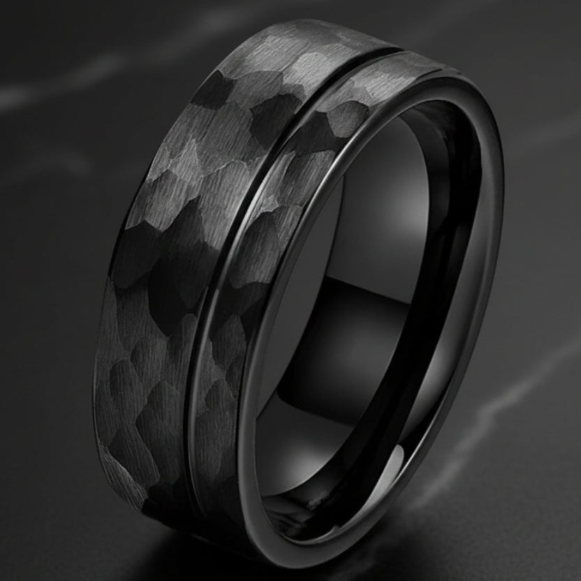 8mm Grooved Hammered Tungsten Ring