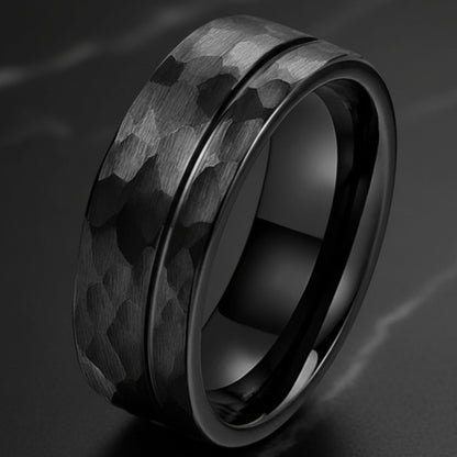 8mm Grooved Hammered Tungsten Ring