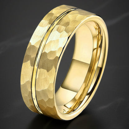 8mm Grooved Hammered Tungsten Ring