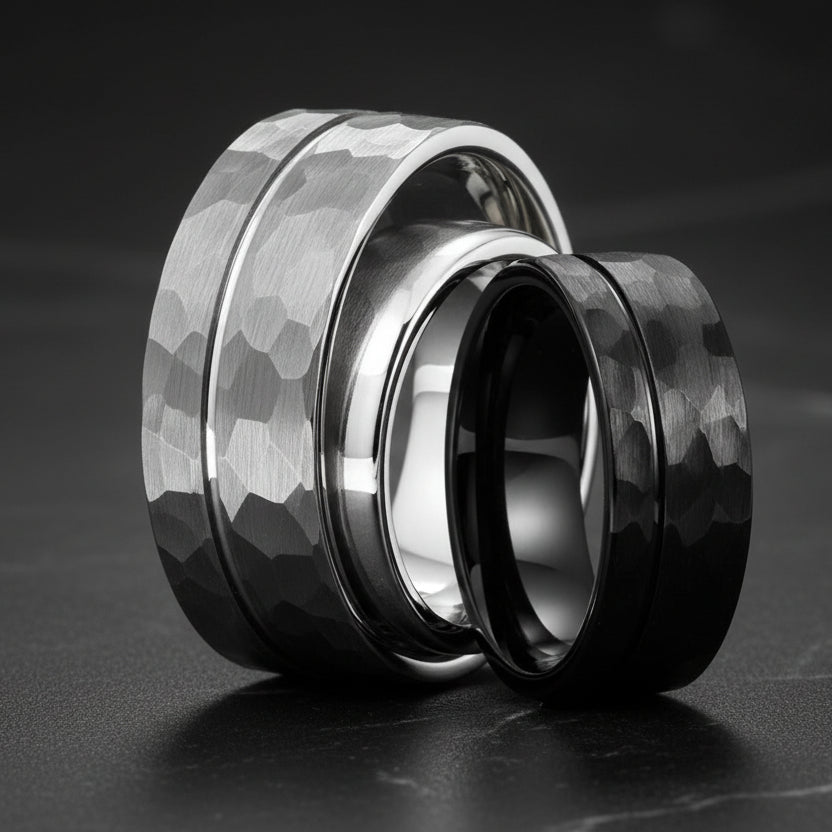 8mm Grooved Hammered Tungsten Ring