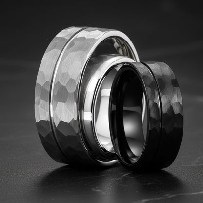 8mm Grooved Hammered Tungsten Ring
