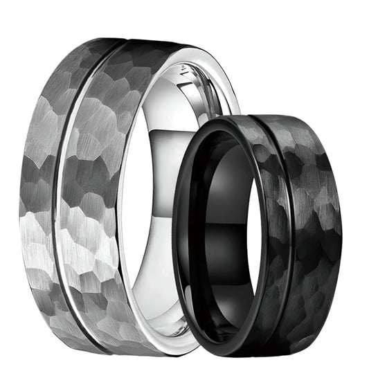 8mm Grooved Hammered Tungsten Ring