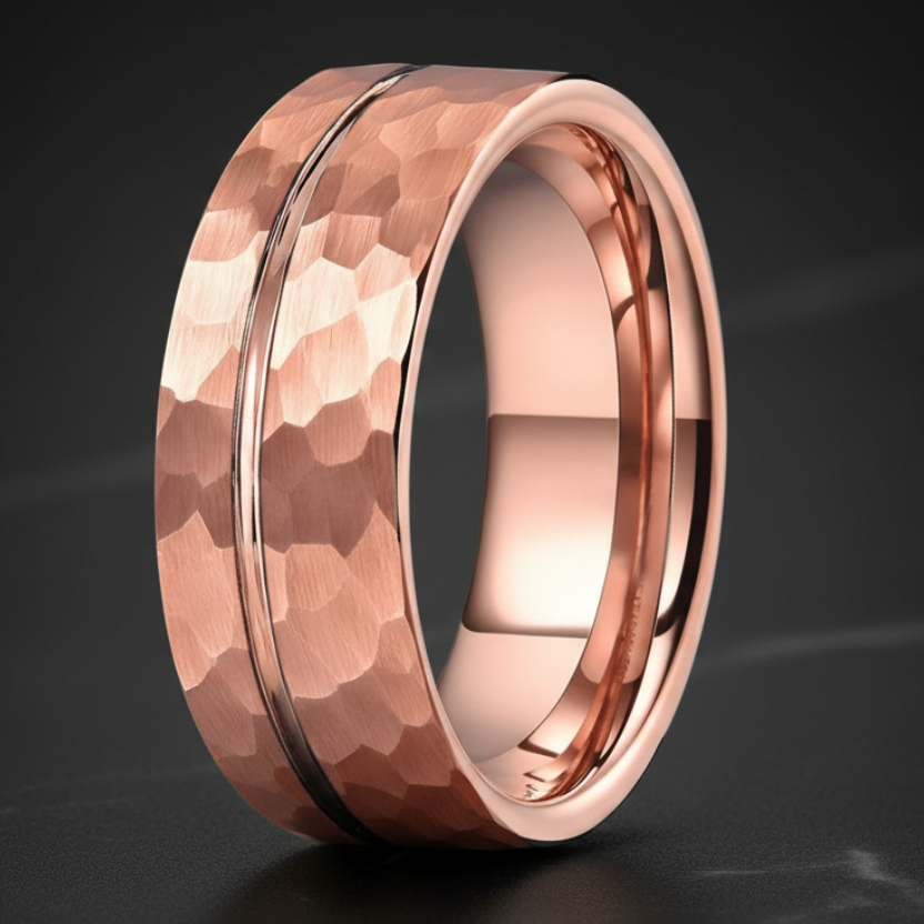 8mm Grooved Hammered Tungsten Ring - RealTungsten