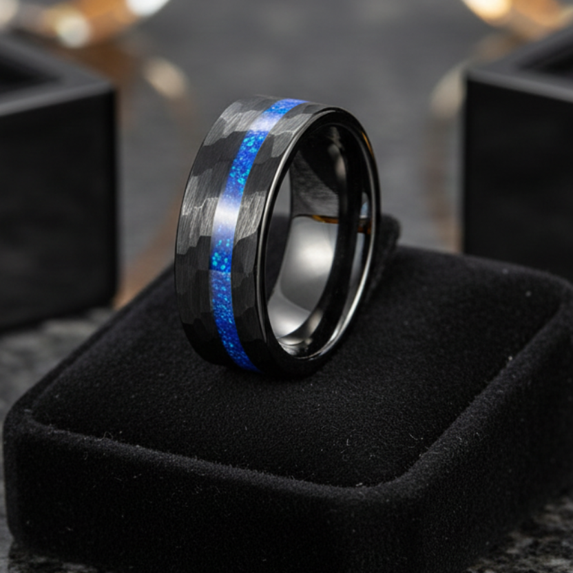 8mm Hammered Tungsten Ring – Opal Inlay