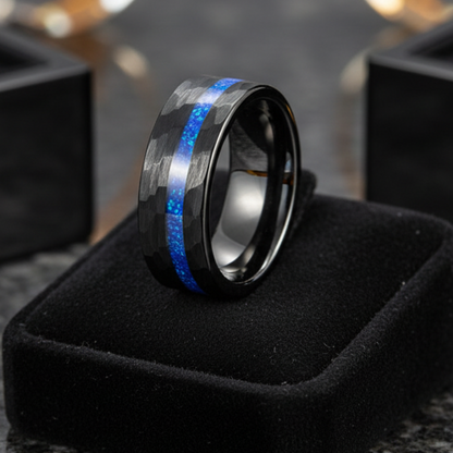 8mm Hammered Tungsten Ring – Opal Inlay