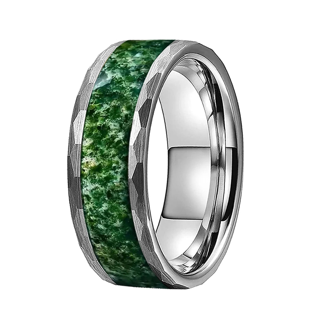 8mm Hammered Black Tungsten Ring with Moss Agate Inlay