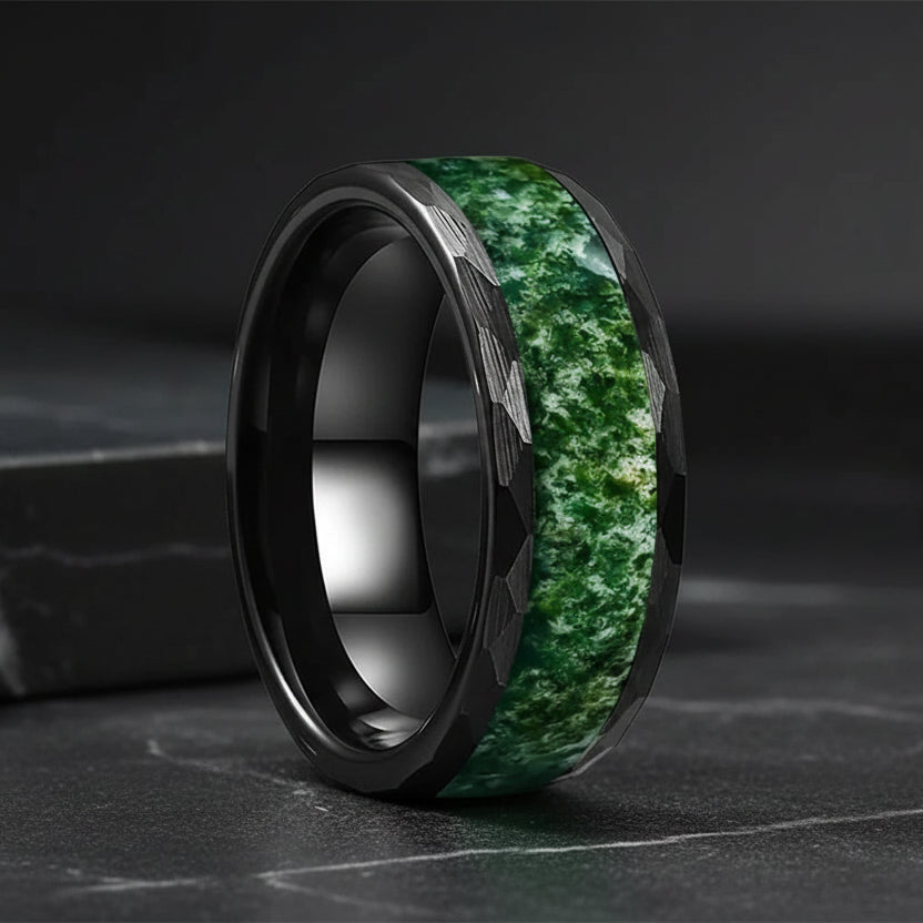 8mm Hammered Black Tungsten Ring with Moss Agate Inlay