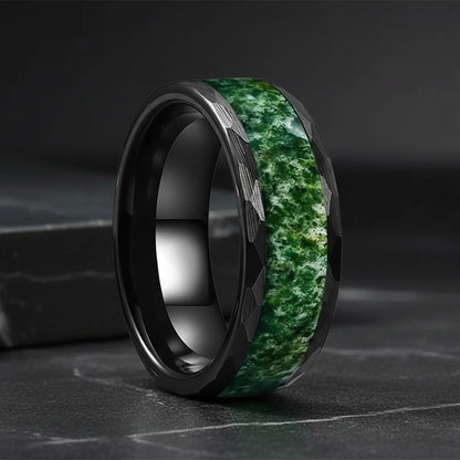 8mm Hammered Black Tungsten Ring with Moss Agate Inlay