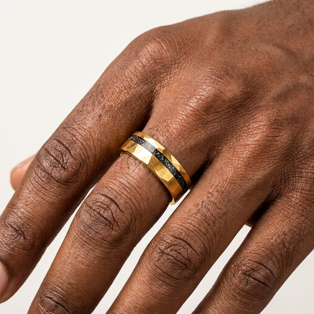 Hammered Black Meteorite Tungsten Ring