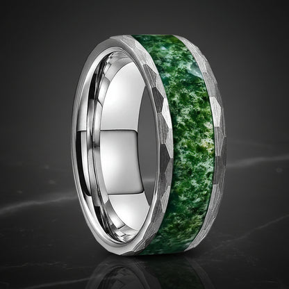 8mm Hammered Black Tungsten Ring with Moss Agate Inlay