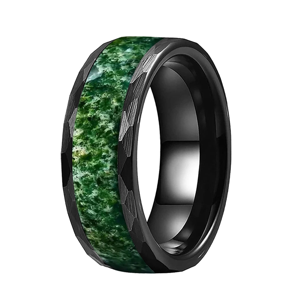 8mm Hammered Black Tungsten Ring with Moss Agate Inlay
