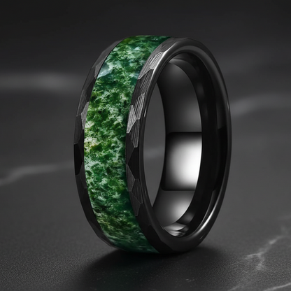 8mm Hammered Black Tungsten Ring with Moss Agate Inlay