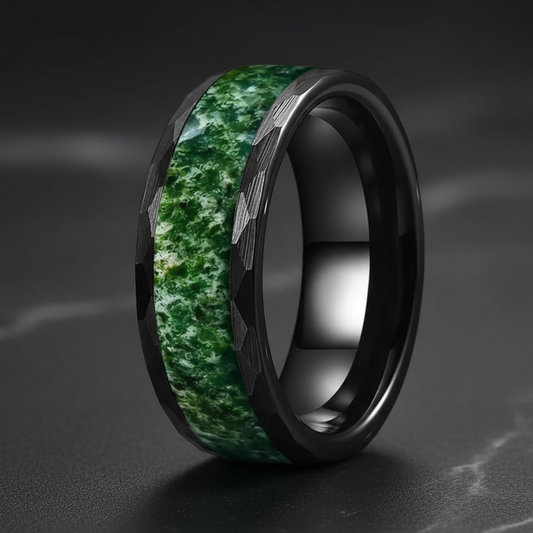 8mm Hammered Black Tungsten Ring with Moss Agate Inlay