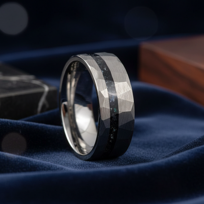 8mm Hammered Tungsten Ring – Opal Inlay