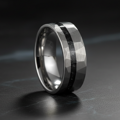 8mm Hammered Tungsten Ring – Opal Inlay