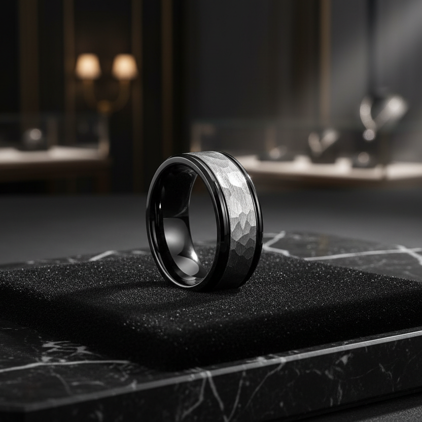 8mm Hammered Tungsten Mens Ring