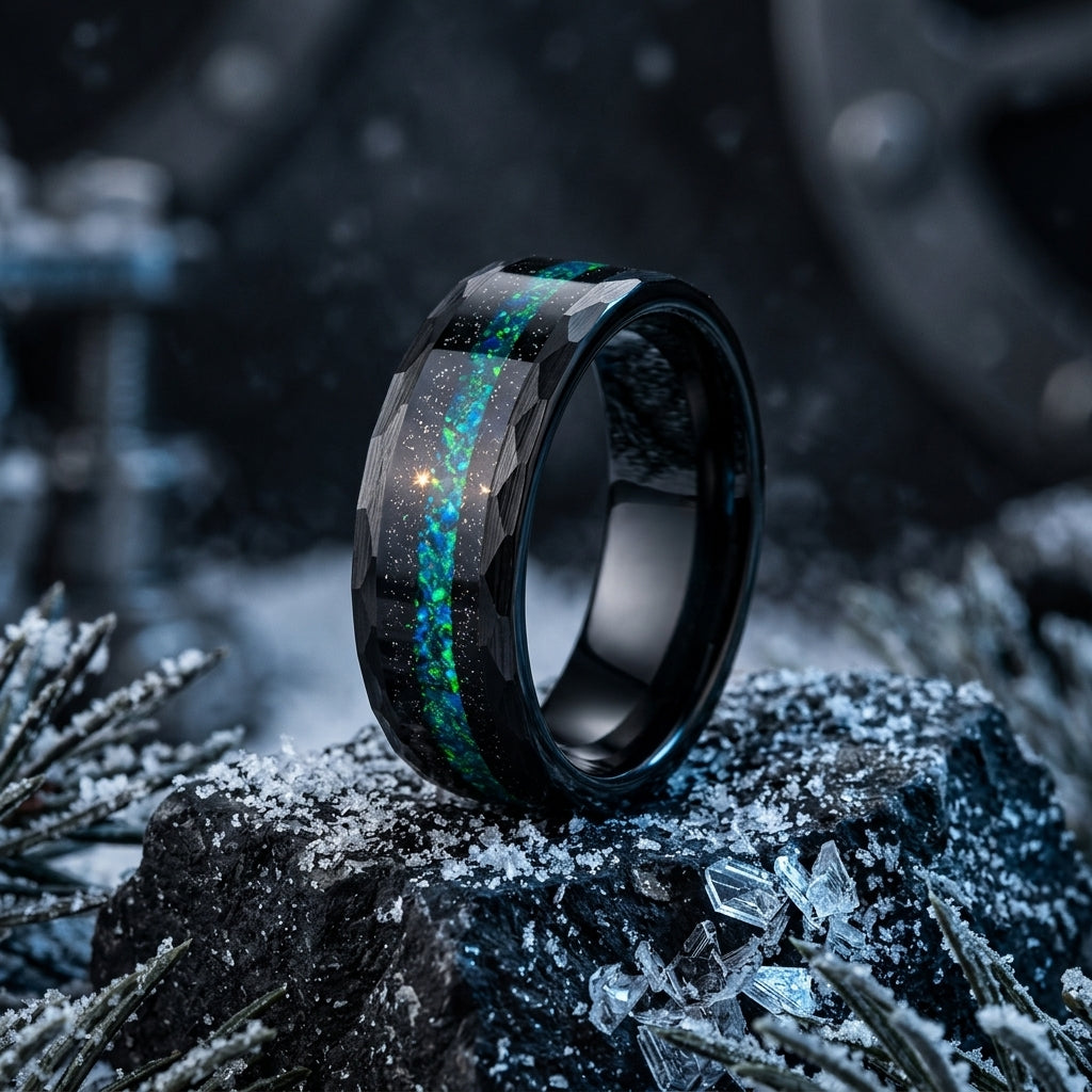 8mm Hammered Tungsten Ring Flowing Sand Inlay