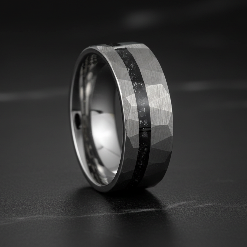 8mm Hammered Tungsten Ring – Opal Inlay