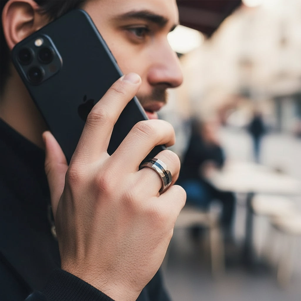 8mm Hammered Tungsten Ring – Opal Inlay, Silver for Men