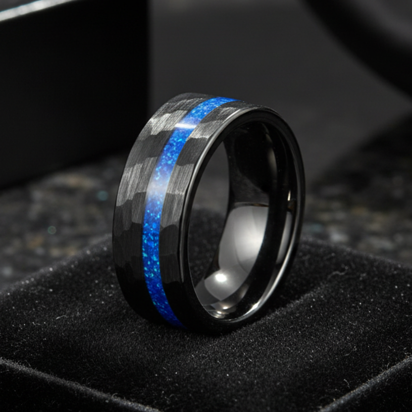 8mm Hammered Tungsten Ring – Opal Inlay