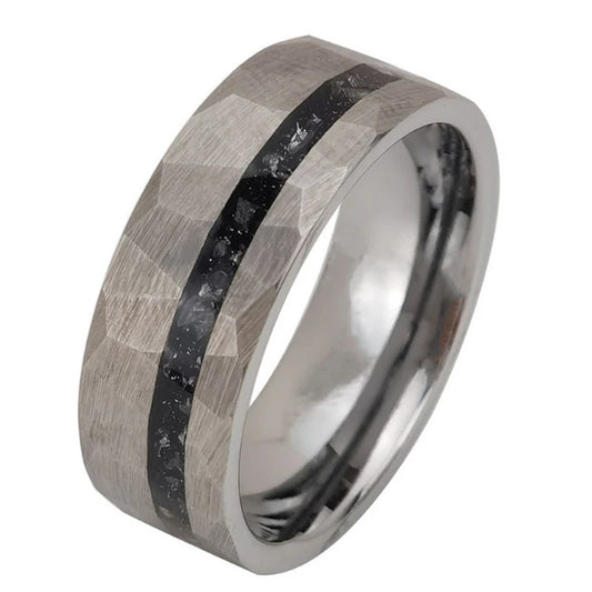 8mm Hammered Tungsten Ring – Opal Inlay, Silver for Men