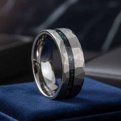8mm_Hammered_Tungsten_Ring__Opal_Inlay_Silver_for_Men