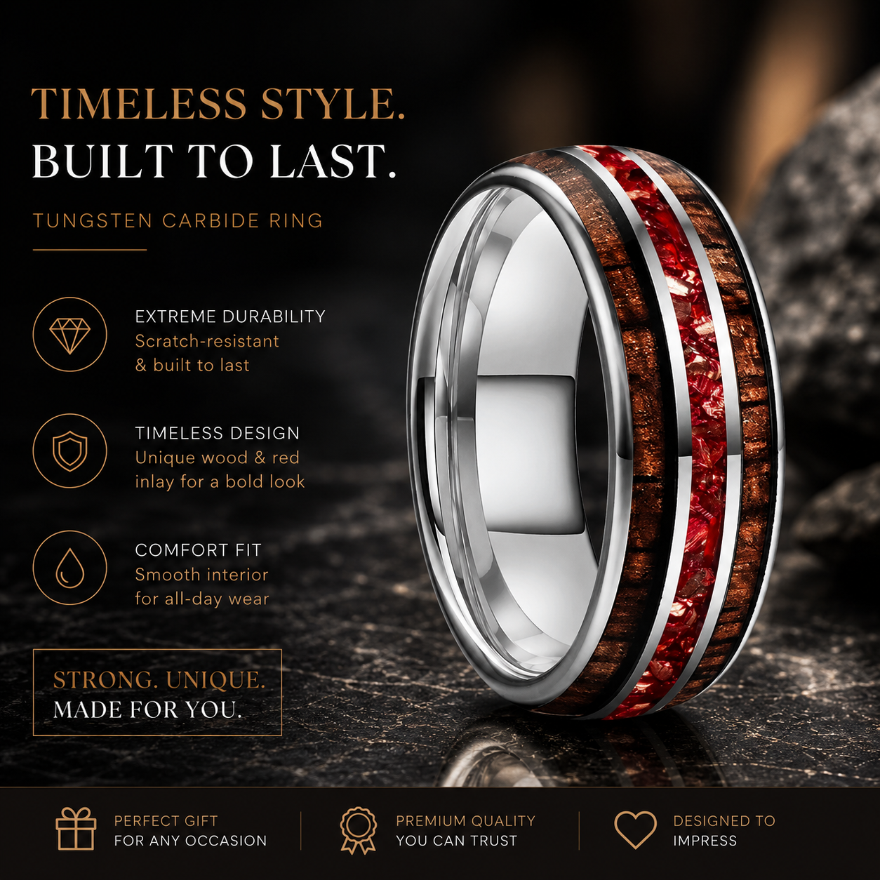 8mm Hawaiian Koa Wood Red Crystal Tungsten Ring