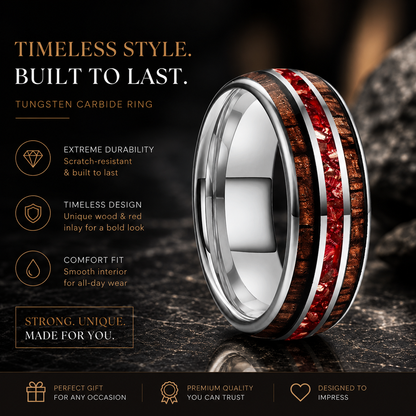 8mm Hawaiian Koa Wood Red Crystal Tungsten Ring